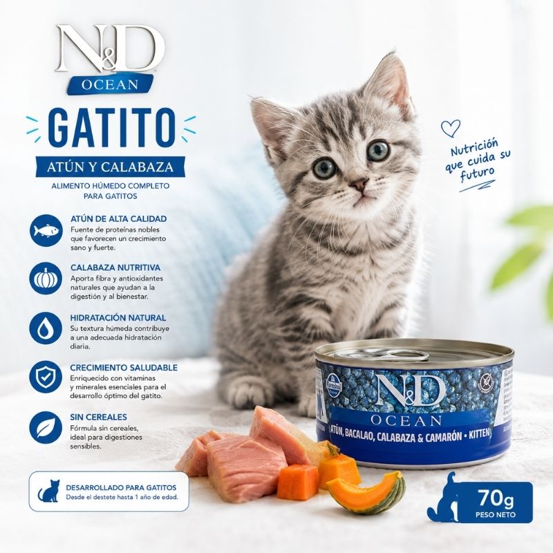 Alimento Gatito N&D Ocean Atún y Calabaza 70 Gr.